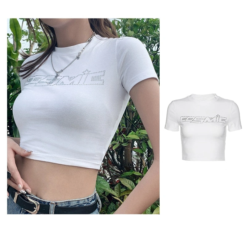 Y2K Kosmisk Stjernestøv: Rhinestone Crop Top med Retro Vibes – Bliv Klar til Fest!